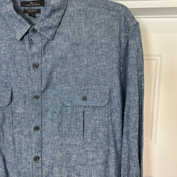 Marc Anthony Chambray Linen Blend Slim-Fit Long Sleeves Button-Down Shirt, XL - Picture 4 of 7